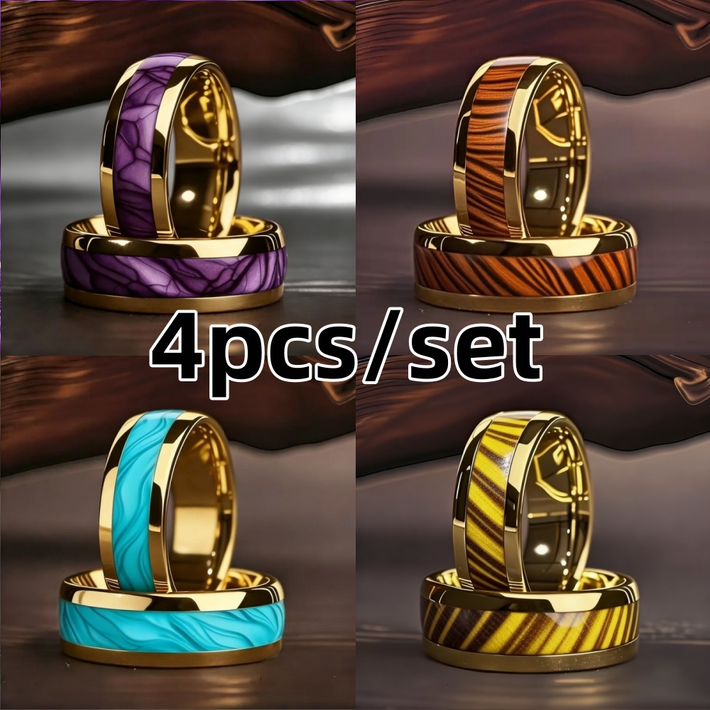 4pcs Luxury Stainless Steel Men's Rings with Rainbow Design